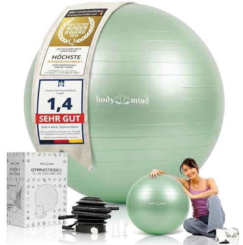 Body & Mind Gymnastikball inkl. Luftpumpe - Anti-Burst Pilates Ball, Pezziball für Schwangerschaft Ergonomischer Sitz als Büro-Stuhl, Sitzball für Yoga, Gymnastik & Workout (Grün, 65 cm)