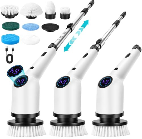 SHINER Brosse Nettoyage Electrique Rotative, Brosse Electrique Nettoyage avec 3 Vitesses, 8 Têtes, Batterie 3000mAh, Manche Extensible, étanche IPX7, Brosse Nettoyage Salle de Bain et Cuisine