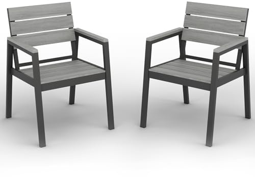 Devoko Alu Aartenstühle mit Armlehne, Gartenstuhl Set (2-teilig), Terrassenstühle Wasserfeste, Langlebige, Gartenstuhl bis 160 kg belastbar, Holzmaserung-Finish, Extrabreite Sitzfläche, Grau