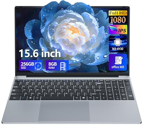 Ordenador Portátil 15,6 Pulgadas Core M3 6Y30 Procesador 8GB RAM SSD 256GB PC Portátil Win 11 y Office 365 Computadora Portatil Delgada Pantalla FHD abatible de 180° Mini-HDMI USB3.0 WiFi5 BT4.2