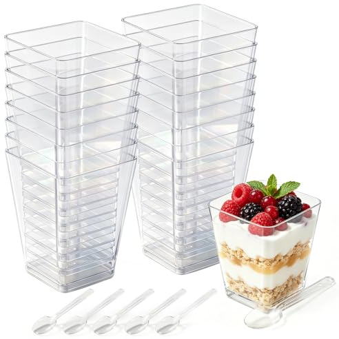RunXinDa 150ml Mini Dessert Cups w/Spoons, 50pk Reusable Square Plastic Dessert Pots, Cheesecake Pots, Multi-use for Mousse Puddings Party Supply