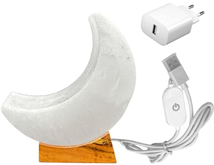 HAF Dimmbare USB Salzlampe HALBMOND Weiß aus Kristallsalz – Handgefertigte Salzkristall LED Deko Lampe + Holzsockel für warmes Licht, entspannte Atmosphäre – Als Tischlampe für Büro & Schlafzimmer