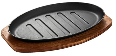 Genérico Platos - Fuente Ovalada De Hierro Fundido Para Barbacoa De 10 Pulgadas Con Base De Madera - Fuente Resistente Que Retiene El Calor | Para Cocinar A La Parrilla Servir En Casa Cocina