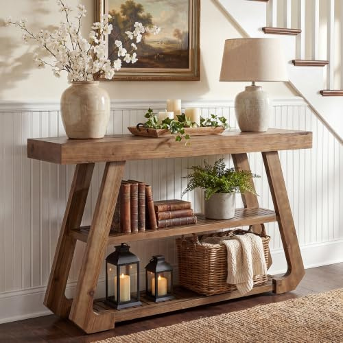 TRIBEWOOD Konsolentisch Schmal, 105cm Massivholz Konsolentisch mit 3-stufigen Regalen,Eingangstisch mit Stabilen A-förmigen Beinen, Console Table für Eingang, Flur, Wohnzimmer, Foyer, Naturholz