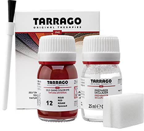 Tarrago | Kit de colorant auto-brillant 25 ml | Préparation au changement de couleur + Teinture pour cuir et toile pour la teinture de chaussures et accessoires | Réparation des chaussures (rouge 12)