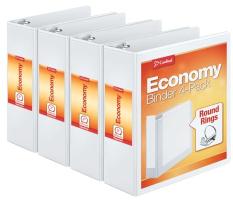 Cardinal Economy 3 Ring Binder, 3 Inch, Presentation View, White, Holds 625 Sheets, Nonstick, PVC Free, 4 Pack of Binders (00430)