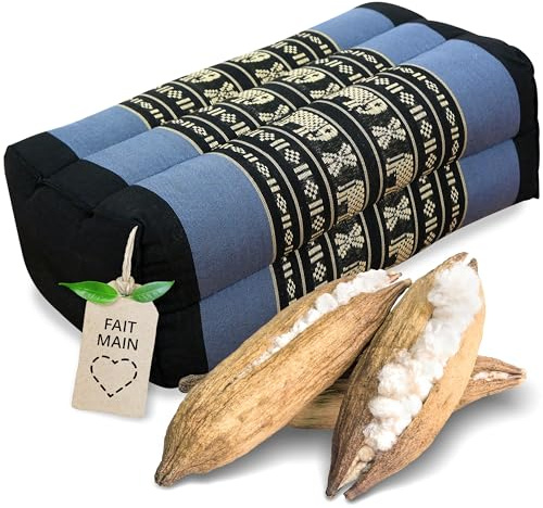 livasia coussin yoga carré bloc - 17x34x12cm - Coussin de méditation kapok, Coussin de soutien bolster rectangulaire, Accessoires yoga pilates coussin cale-nuque, fait main (Bleu/Éléphants)