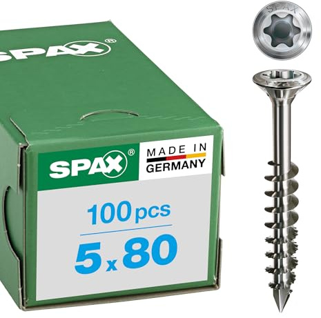 SPAX Fassadenschraube aus Edelstahl rostfrei A2, 5,0 x 80 mm, 100 Stück, T-STAR plus, Linsensenkkopf, Teilgewinde, CUT-Spitze, 25170005008021