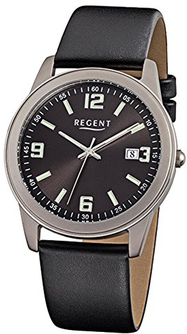 REGENT Herren-Armbanduhr schwarz Analog F-845 Leder-Armband URF845 Analoguhr