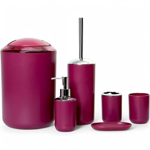 GMMH – Set di 6 accessori da bagno, con dispenser per sapone, porta saponetta e scopino per WC (modello 3, bordeaux)