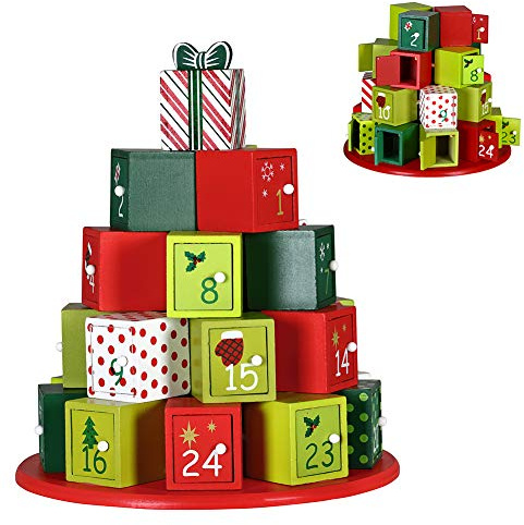 Bakaji Calendrier de l'Avent de Noël en bois avec 24 tiroirs numérotés pour surprise, décorations de Noël, maison (emballage cadeau)