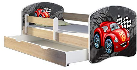 ACMA Kinderbett 160x80 Jugendbett mit Einer Schublade und Matratze, Farbe Sonoma mit Rausfallschutz Lattenrost II Spielbett Kinderzimmer Möbel, 05 Rote Auto