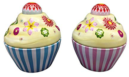 stylebox Set di 2 Barattoli di Latta a Forma di Cupcake, Blu Bianco Rosa e Coperchio Decorato con Fiori, Dimensioni: 8x8 cm, Volume: 120 ml