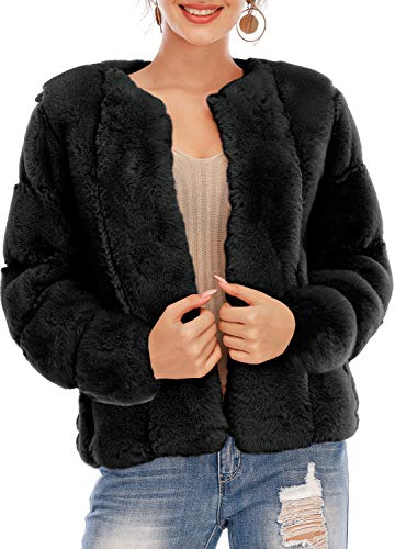 BerryGo Women's Long Sleeve Open Front Fuzzy Faux Fur Coat Black S