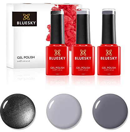 Bluesky Gel Nail Polish Set, Shades Of grey, Mr Grey Dc085, Quiet Dc075, Shiny Asphalt A022, 3 x 5 ml, Silver, Pastel, Nude (Requires Curing Under UV or LED Lamp)