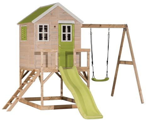 Wendi Toys casetta con scivolo e altalena per bambini da esterno in legno FSC, casa gioco in legno FSC per bambini 330×350×242 cm, con scala, sabbiera e tetto impermeabile, verde - M24L