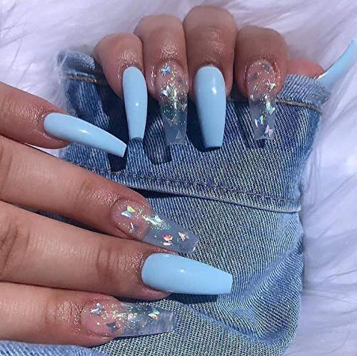 Brishow Coffin False Nails Blue Long Fake Nails Silver Butterfly Press on Nails Ballerina Acrylic Stick on Nails 24pcs for Women and Girls (Blue)