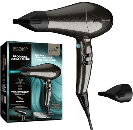 REVAMP Featherlite Ultra X Shine Secador de Pelo Iónico - Motor AC | Alto Par, Flujo de Aire Potente, Secado Rápido, Ligero, Ajuste en Frío, 2 Accesorios