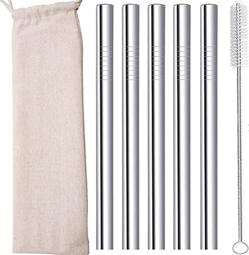 morneve Bubble Tea Pailles Inox réutilisables Acier inoxydable métal Boba Smoothies Thé au lait Milkshake Paille à thé à bulles 12mm Ultra large 215mm Longueur avec brosse 5pcs