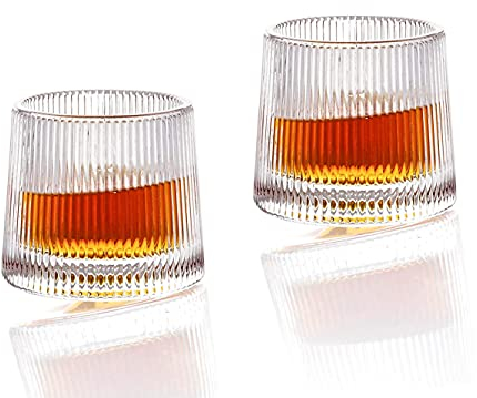 Earnmore - Bicchieri da whisky con decompressione rotabili, set di 2 Bicchieri Whisky Rum Cocktail Amaro Liquore Cognac Vino Bianco Cristallo Vetro Senza Stelo Tumbler(struttura verticale, 160ml)