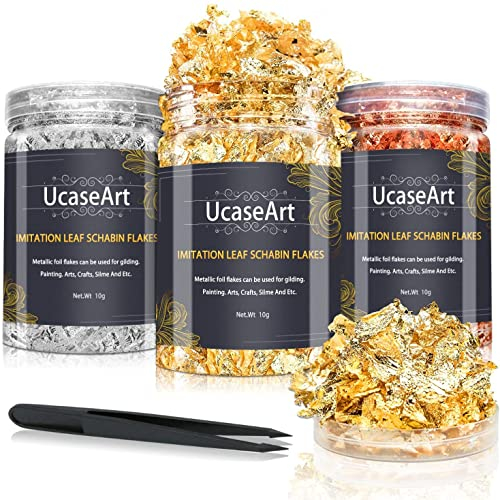 UcaseArt Goldfolie Flocken 3 Flaschen Blattgold Flocken Blattgold zum Basteln 30g für DIY Basteln Künstlerbedarf zum Vergolden Malerei, Schmuckherst