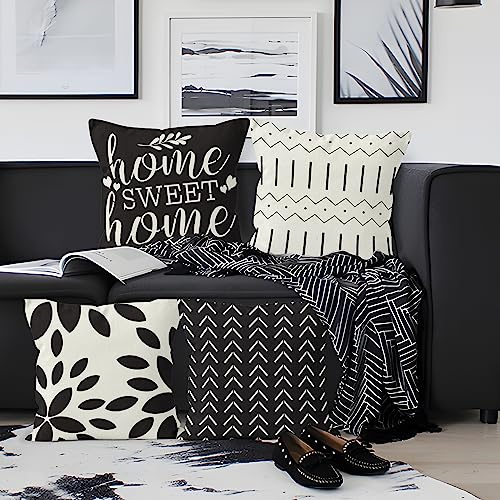 Aoihrraan Kissenbezüge 4er Set, Schwarz Weiß Geometrie Wurfkissenbezüge Sweet Home Minimalist Weicher Kurzer Plüsch Quadrat Kissenbezug für Sofa Couch Schlafzimmer Auto Stuhl Wohnkultur 60x60cm