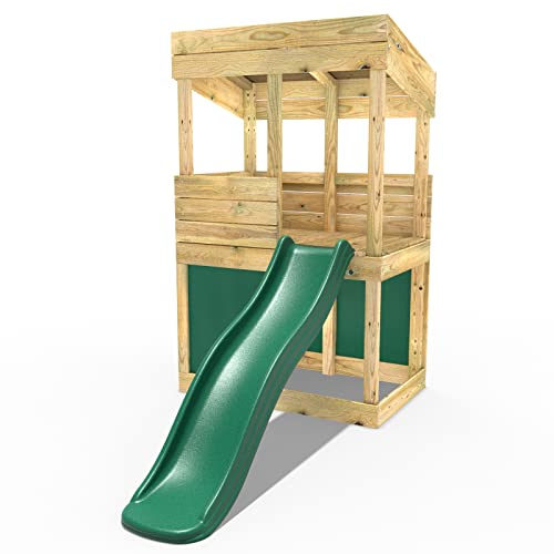 Rebo® Children's Wooden Lookout Tower Playhouse with 6ft Slide | OutdoorToys | Lookout Tower, Slide and Secret Den - Pressure Treated Timber - Perfect for Gardens