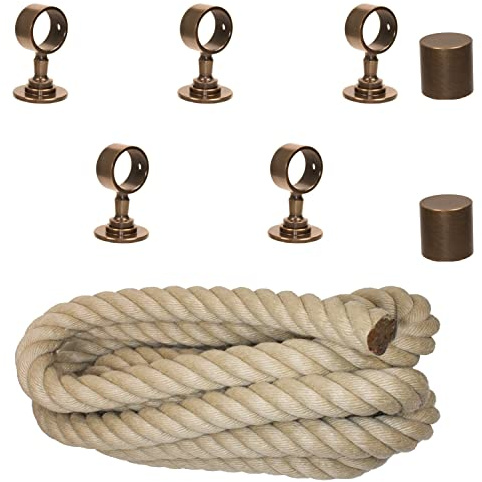 Handlaufseil-Set Ø 30 mm – 5 m Polyhanf-Seil „Nature Touch“ naturfarben mit 2 Endkappen & 5 Seilträgern, bronziert | Treppe & Geländer