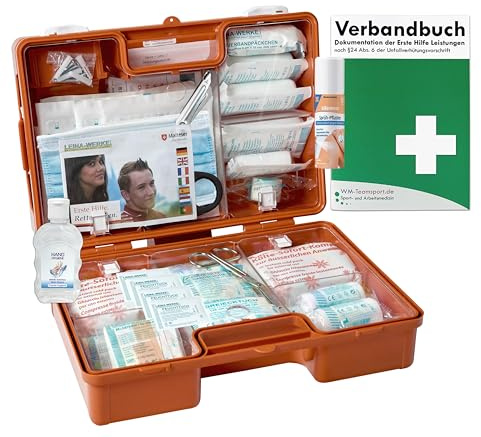 Erste-Hilfe-Koffer M4+ für Betriebe nach aktueller DIN/EN 13157 inkl. Hygiene-Gel, Sprühpflaster & Verbandbuch