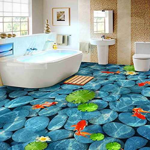 MASTPOINT PVC Selbstklebende Fußbodentapete Lotus Teich Kieselsteine schwimmende Fische 3D Fliese Wandbild Wohnzimmer Bad wasserdichte Aufkleber