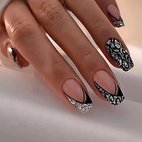 Leopard Fake Nails Black and Silver Glitter Fake Nails for Women and Girls Daily Decoration 24 PCS