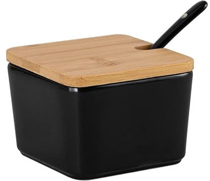 Pullmer Sucrier en céramique avec couvercle en bois de bambou et une cuillère à sucre, récipient à sucre (carré noir)