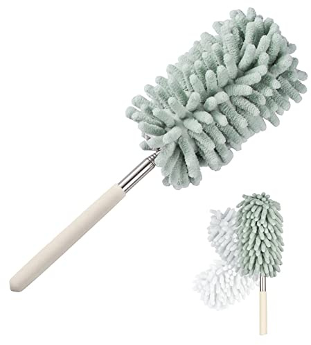 Blueshyhall Plumero de microfibra largo, extensible, lavable, redondo, telescópico, pequeño, con barra de extensión (29-76 cm) para coche, oficina, aspiradora, telarañas para niños (verde)