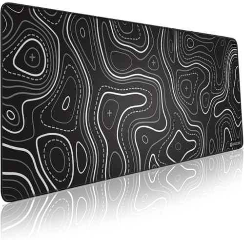 Minimalistisches Topografisches Karte Mauspad – Kontur erweitertes großes Mousepad mit Stichkante. Schwarz-weiße rutschfeste XXL Gaming-Schreibtischunterlage
