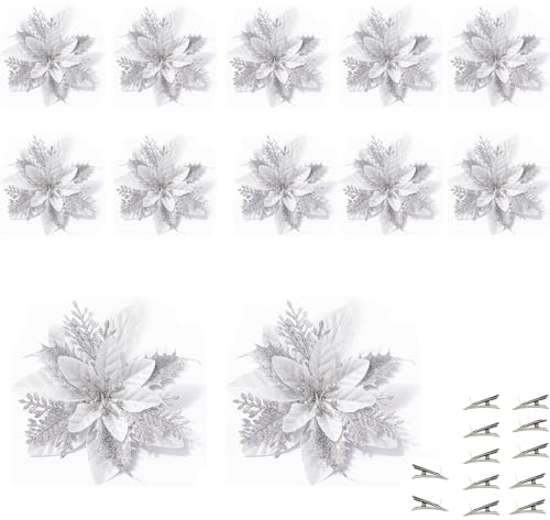 Glitter Poinsettia,Glitter Christbaumschmuck,12 Stück Weihnachtsblumen, Weihnachtsblumen Künstlich,Weihnachtsbaum Weihnachtskranz,Weihnachten Blumen Deko,Aufhängen Weihnachtsbaum(Gold Rot) (Silber)