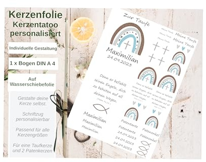 Personalisierte Kerzensticker TAUFE, KOMMUNION, KONFIRMATION, HOCHZEIT - Regenbogen auf Transferfolie, Kerzen-Tatoofolie, Kerzenfolie, Wasserschiebefolie für Taufkerzen und Kommunionkerzen
