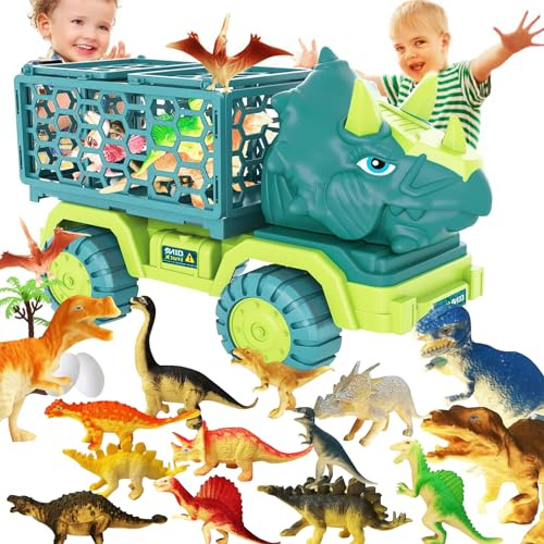 Giocattoli di camion dei dinosauri per bambini dai 3 ai 5 anni, camion dei dinosauri, auto giocattolo Triceratopo con 12 figure di dinosauri, regali di compleanno per bambini e bambine dai 3, 4, 5