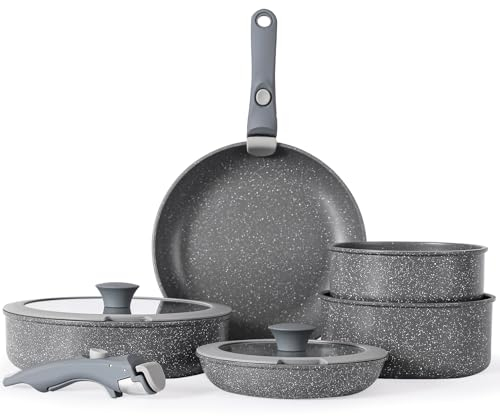 Florosa Keramik Topfset Pfannenset, 9-teilig Ungiftiges Töpfe & Pfannen, Antihaftbeschichtet Camping Pfanne mit Deckel & abnehmbaren Griffen, Induktion und backofengeeignet, Stapelbar, Grau