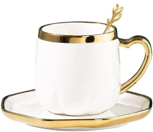 FülleMore Goldrand Keramiktasse mit Untertteller und Löffel 300ml Kaffeetasse Moderne Espressotasse mit Herzhenkel Kaffeeservice für Cappuccino,Latte,Espresso,Americano,Mokka,Tee (Weiß)