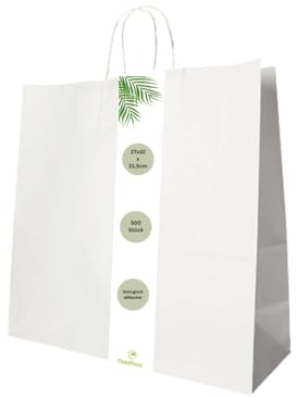 DeinPack 300 x Papiertüten 27 x 32 x 21,5 cm weiß Umweltschonende Papier Tragetaschen groß I Papiertüten Geschenktüten Papiertragetaschen biologisch abbaubar, kompostierbar