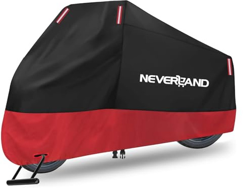 NEVERLAND Motorcycle Cover Waterproof Outdoor - 300D Motorcycle Cover Heavy Duty Outdoor All Season Protection, Universal Motorbike Cover with Night Reflective, Lock-Holes, Storage Bag (Up to 96)