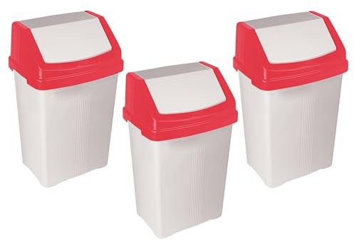 [SET OF 3] - High Grade Plastic 50L Litre White Bin with Red Coloured Swing Top Lid Waste Management Recycling Bin Trash Can Flip Top Lid Dustbin Everyday Bin for Office, Kitchen, and Bathroom.