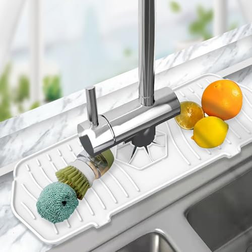 Risipu Silicone Sink Faucet Mat Faucet Handle Drip Catcher Tray with Soap Dispenser Hole, Non-Slip Silicone Draining Mat for Kitchen & Bathroom Counter, Gray/Black/White Sink Protector Mat (White)