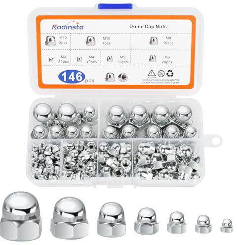 Nadinsta 146 Stück Hutmuttern Hohe Form Set, Sechskant Hutmuttern M3/M4/M5/M6/M8/M10/M12, Kappenmuttern Sechskant Gewindestange Hutmuttern für Automotive Motorrad Holz- und Stahlbau Möbel