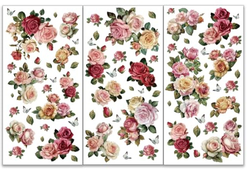OLYCRAFT 3 Stück/Set Blumen Abziehbilder Zum Aufreiben Für Möbel Und Kunsthandwerk 15x30cm Bunte Rosen Möbelaufkleber Kleine Blumen Abziehbilder Zum Aufreiben
