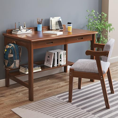 Escritorio de madera de roble macizo con cajones, escritorio simple de madera de estudio para espacios pequeños, oficina en casa, 39 pulgadas, color nogal