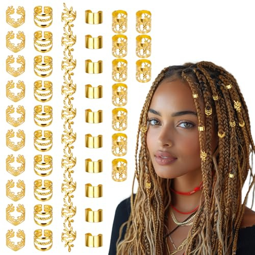 BOHUIZ 50PCS Gold Hair Jewelry for Braids, Dreadlocks, Adjustable Rings, Cuffs, Charms, Beads - Decorations for Men, Women