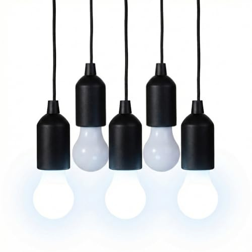HYVCZP 5er Set LED Zuglampe Schwarz (Batteriebetrieben), Tragbare Glühbirne mit Zugschnur & Kaltweißes Licht (6000K) - Kabellose Hängelampe für Garage, Camping, Schrank & Party (Inkl. Seil)