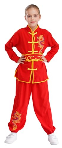 YiZYiF Kids Martial Art Performance Outfit Long Sleeve Dragon Embroidery Tops with Pants Kung Fu Master Tai Chi Suit Red 15-16 Years