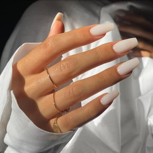 KQueenest Press On Nails Lange Mittel Eckig, Sarg Nägel zum Aufkleben Weiß, Glänzende Jelly-Gel Fake Nails Fingernägel zum aufkleben Ballerina, Einfarbig Acryl Kunstnägel für Frauen, 24 Stück
